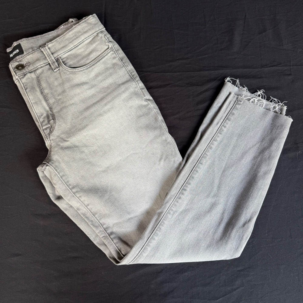 Hudson Natalie Mid Rise Super Skinny Ankle Jeans Grey Raw Hem Size 28